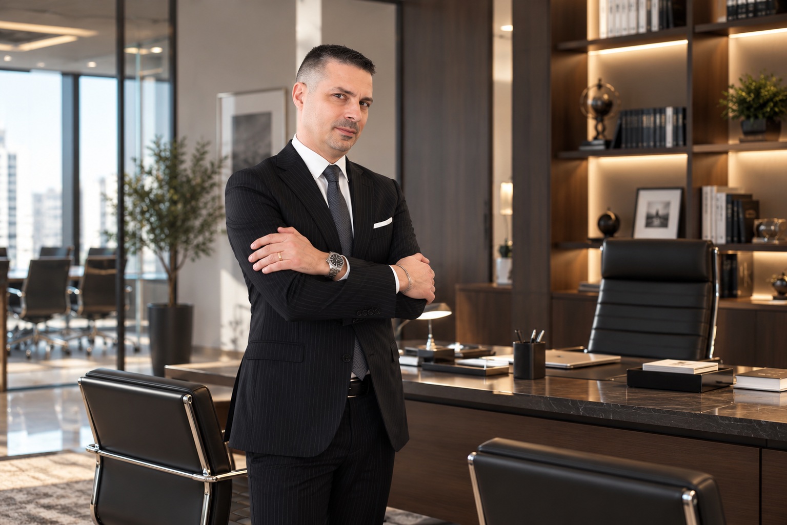 Corporate business portrait of a professional in a pinstripe suit beside a marble desk and bookshelves.